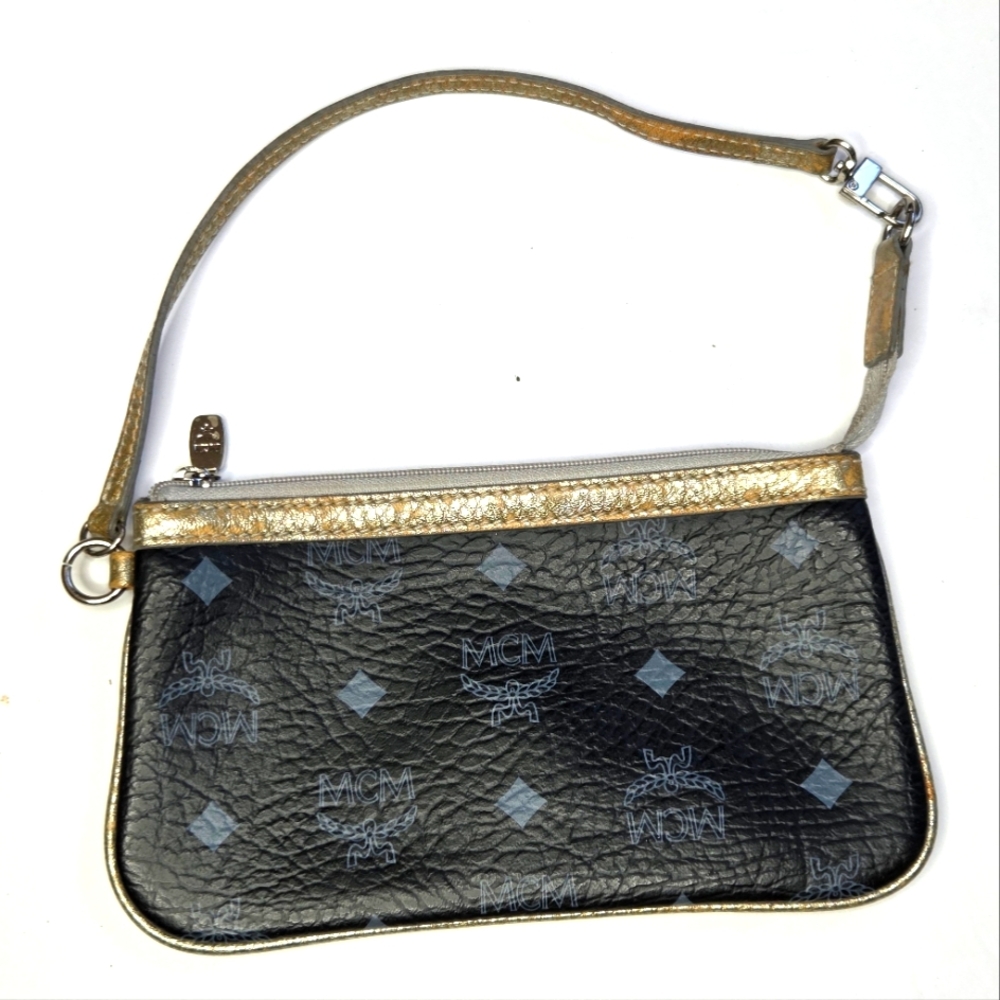 MCM Authentic Black Monogram Leather Wristlet Clutch with Gold Trim - Picture 9 of 12